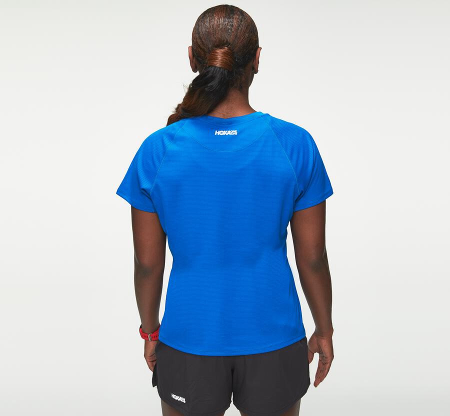 Top Hoka One One Mujer - Performance Short Sleeve - Azules - JIX625314